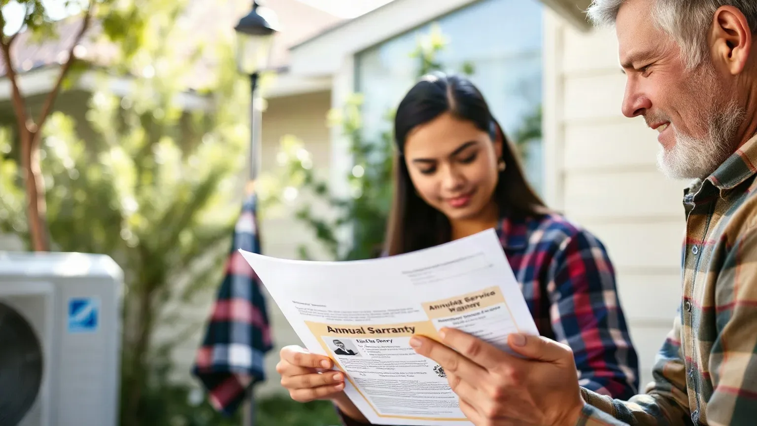 A homeowner reviewing a heat pump manufacturer's warranty document that highlights annual service requirements