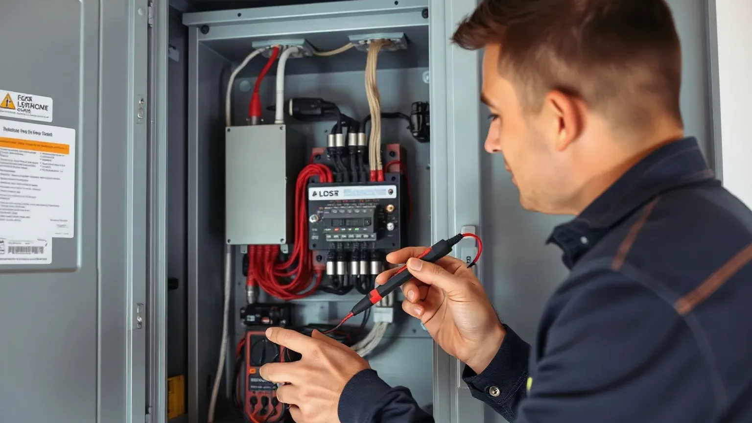 An engineer checking electrical connections inside an open heat pump control panel with a multimeter