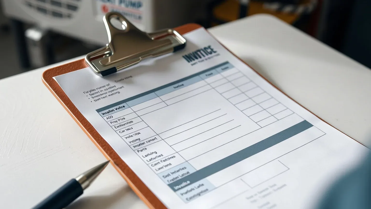 A heat pump service invoice on a clipboard showing itemised labour and parts costs