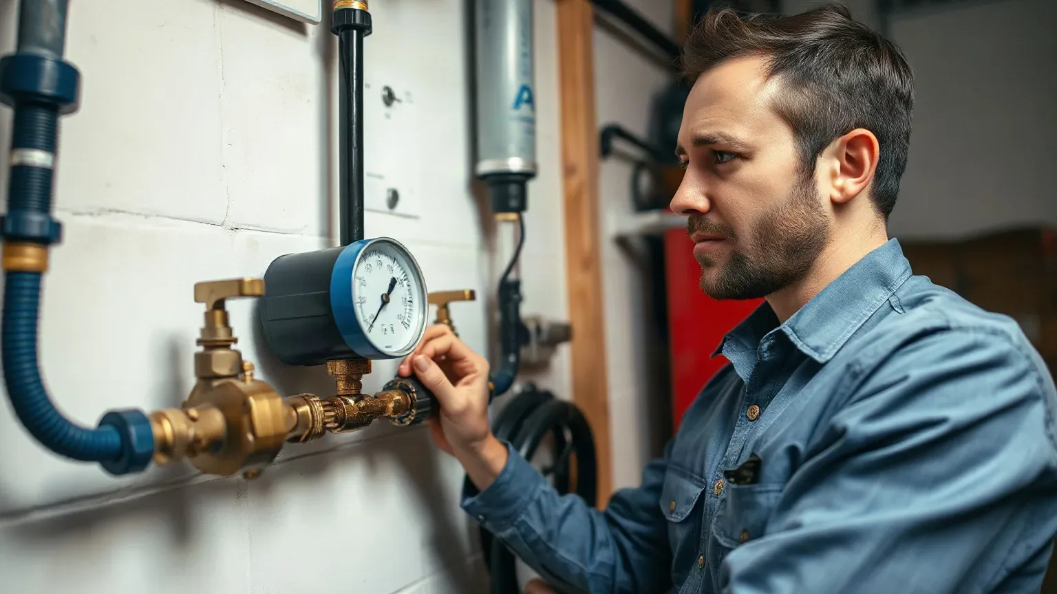 An engineer inspecting the ground loop manifold and pressure gauge in a utility room during a service visit