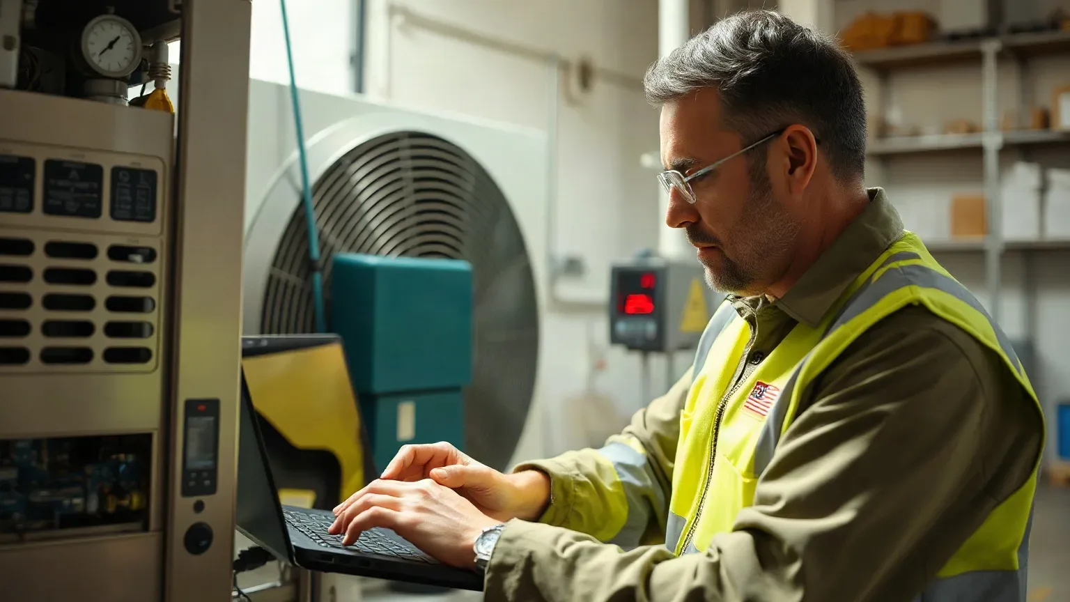 An engineer connecting a diagnostic laptop to a heat pump controller to read fault log data