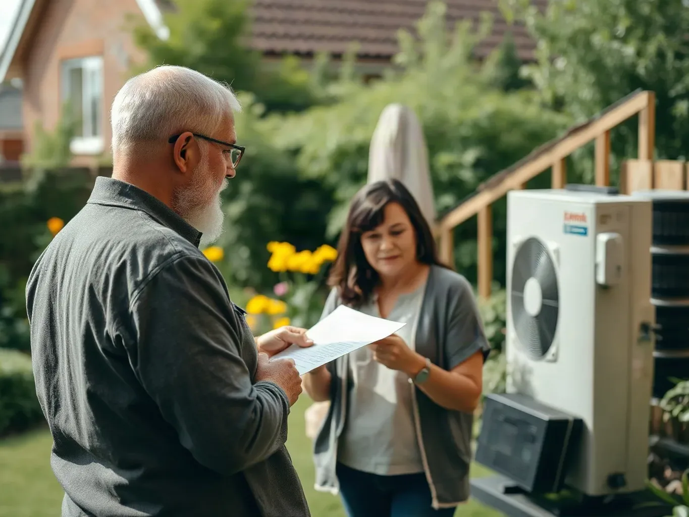 A homeowner asking questions to an engineer during a heat pump survey visit in a garden
