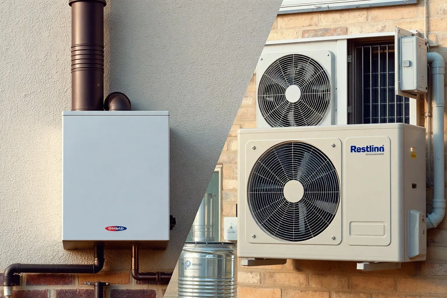 A split image showing a gas boiler flue on one side and an outdoor air source heat pump unit on the other side