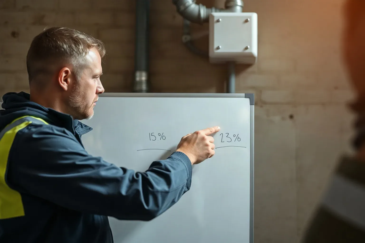 An engineer pointing to efficiency percentage figures on a whiteboard comparing both heating systems