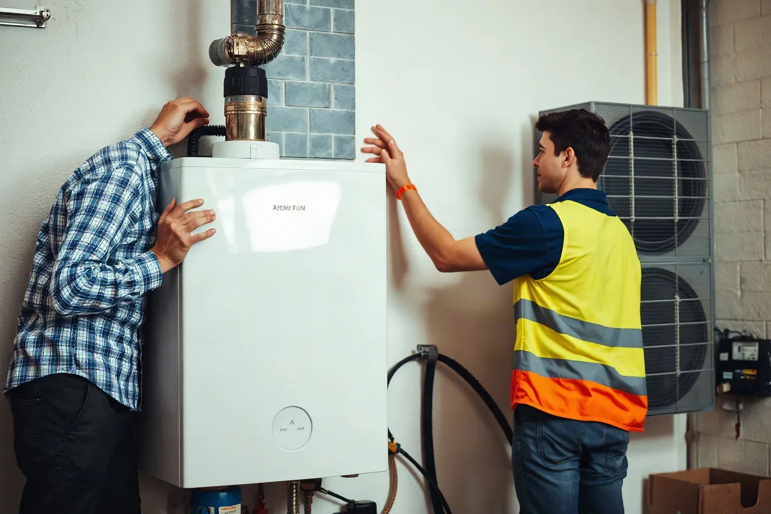 An engineer removing an old gas boiler from a wall while a heat pump unit sits ready for installation nearby