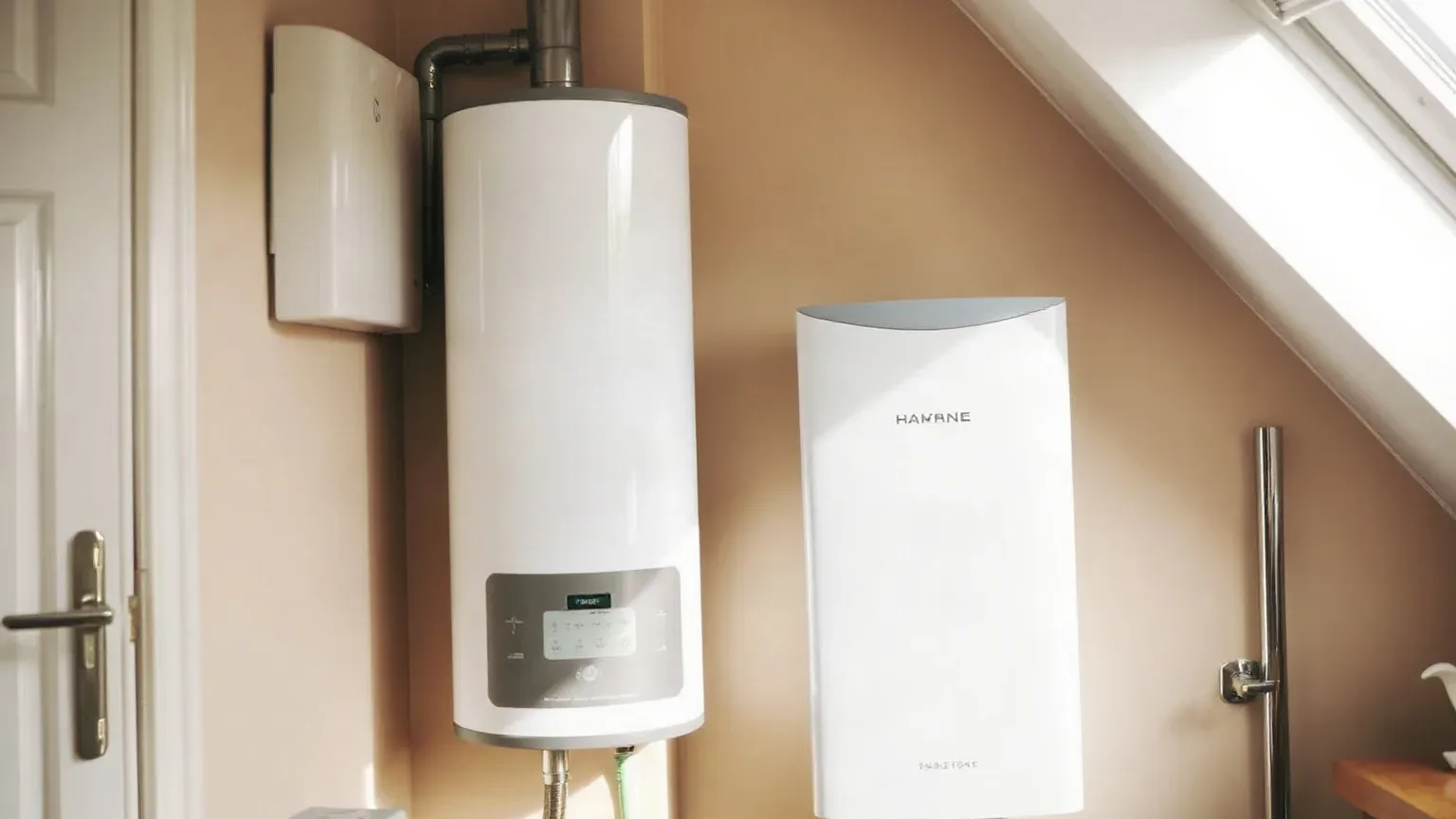 A utility room showing both a heat pump cylinder and a small backup gas boiler mounted together on a wall