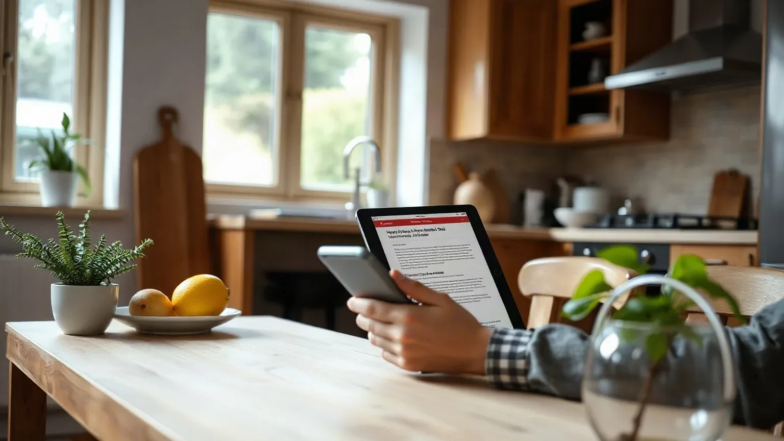 A person reading a heat pump versus boiler FAQ article on a tablet at a kitchen table
