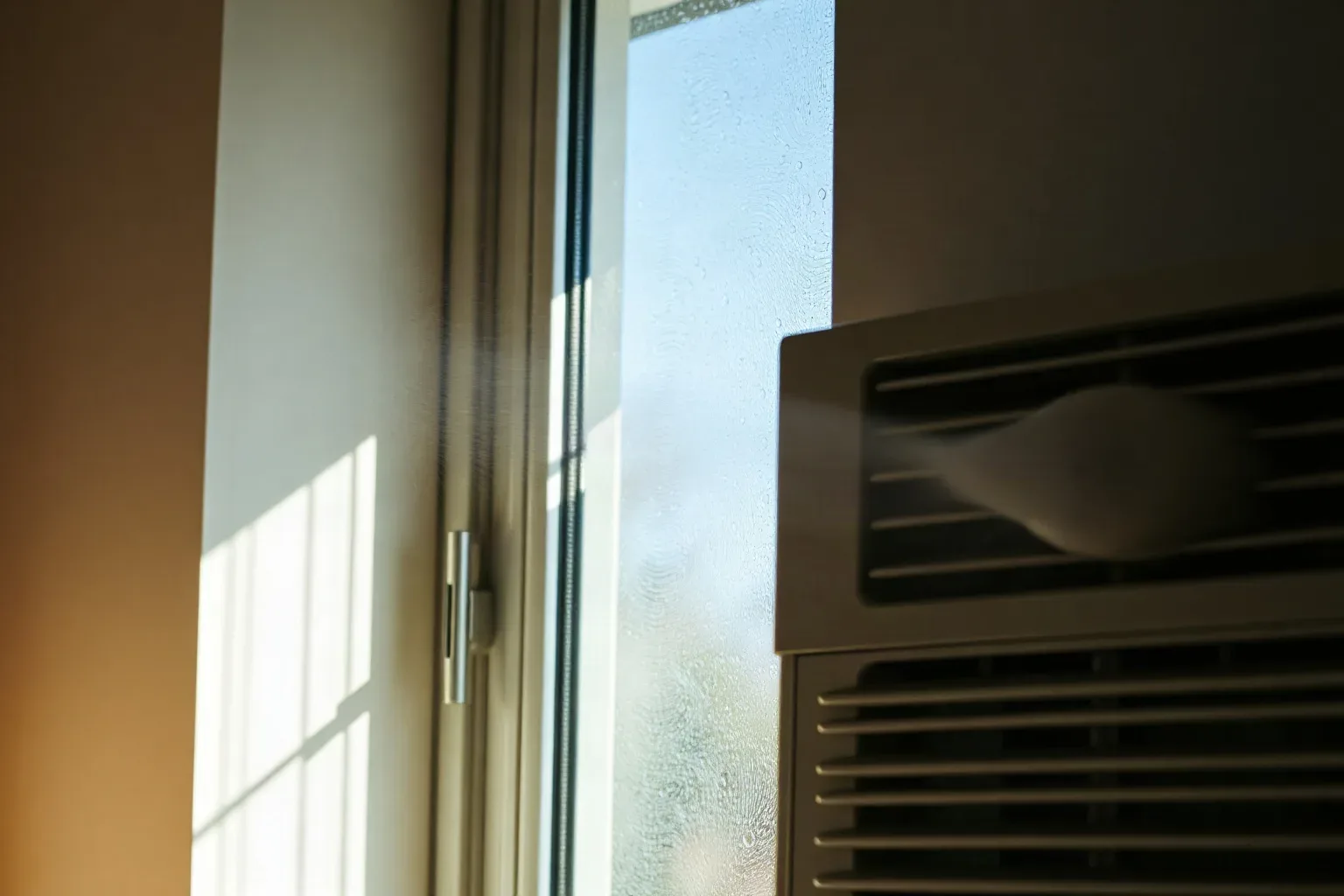 A condensation-covered window in a warm room contrasted with a cool air conditioning vent blowing air