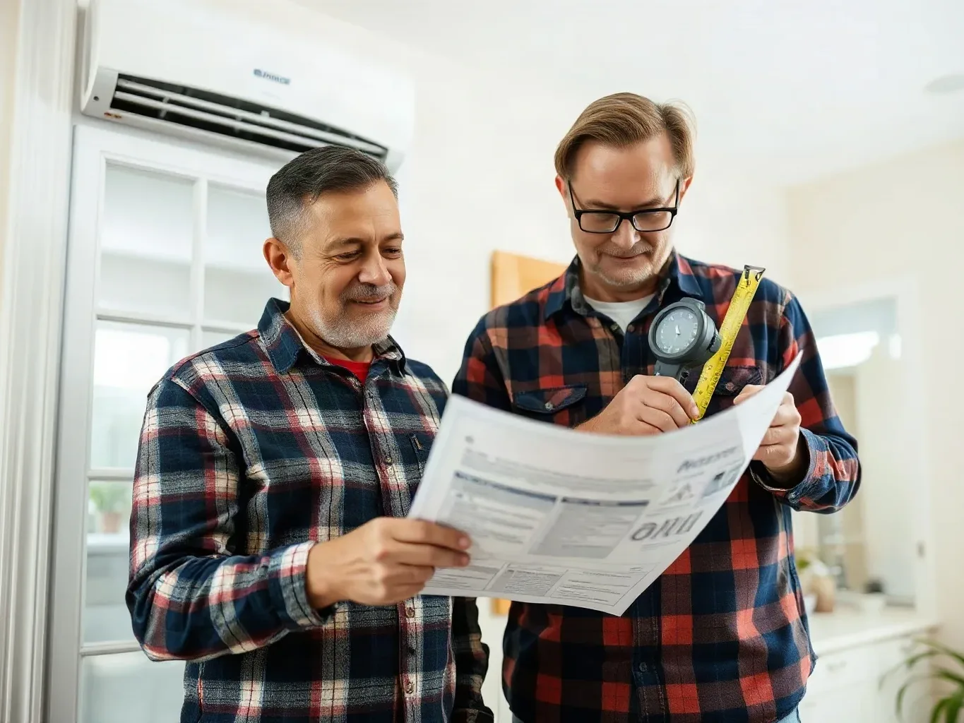 A homeowner measuring the width of a room with a laser measure while looking at an AC specification sheet