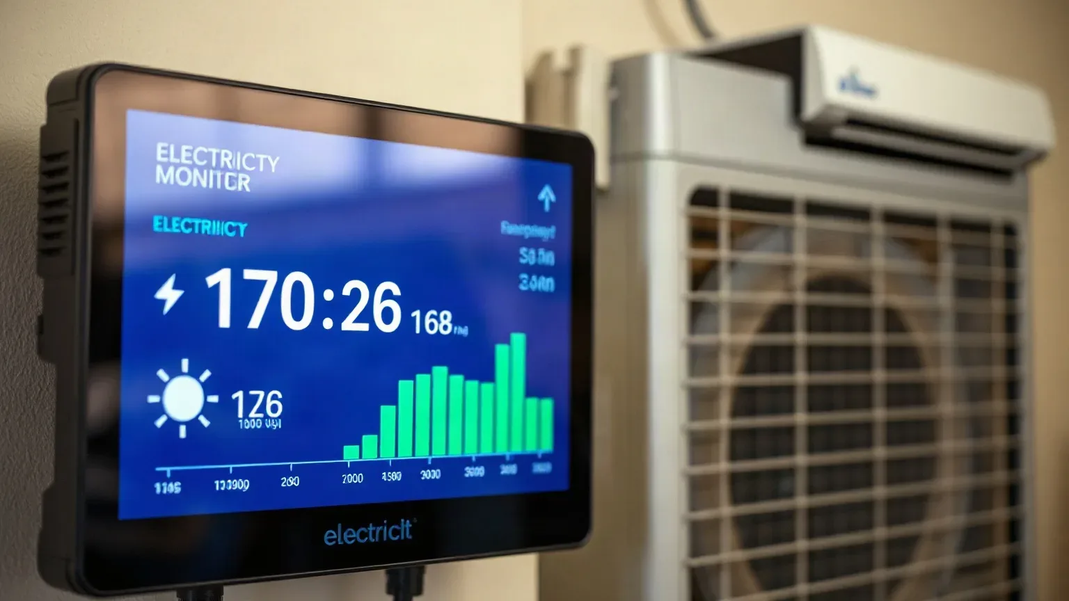 A smart electricity monitor display showing real-time energy usage with an air conditioning unit in the background