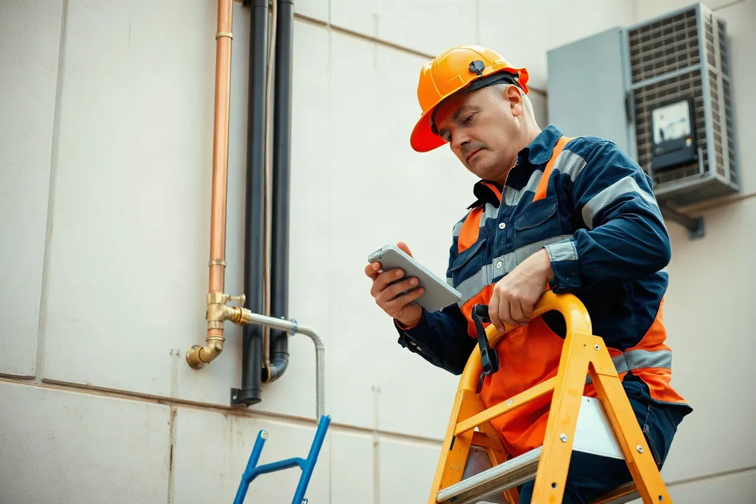 An engineer on a stepladder routing copper refrigerant pipe along an exterior wall toward a condenser unit