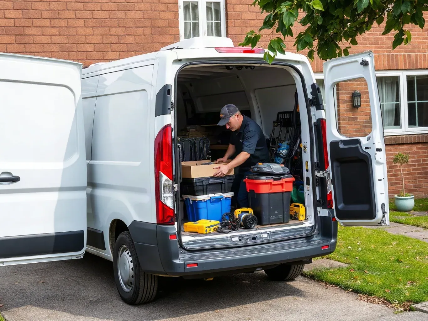 A technician loading tools and equipment into the back of a white van parked outside a residential property