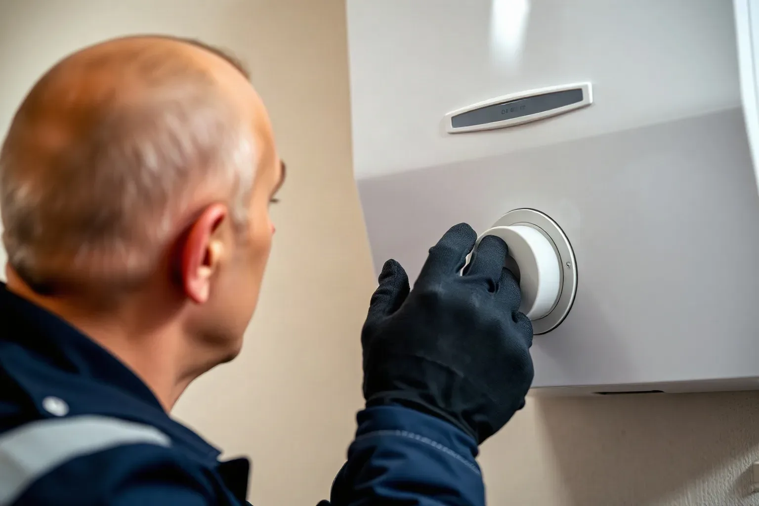 A gloved engineer adjusts a dial on a white wall-mounted boiler unit.