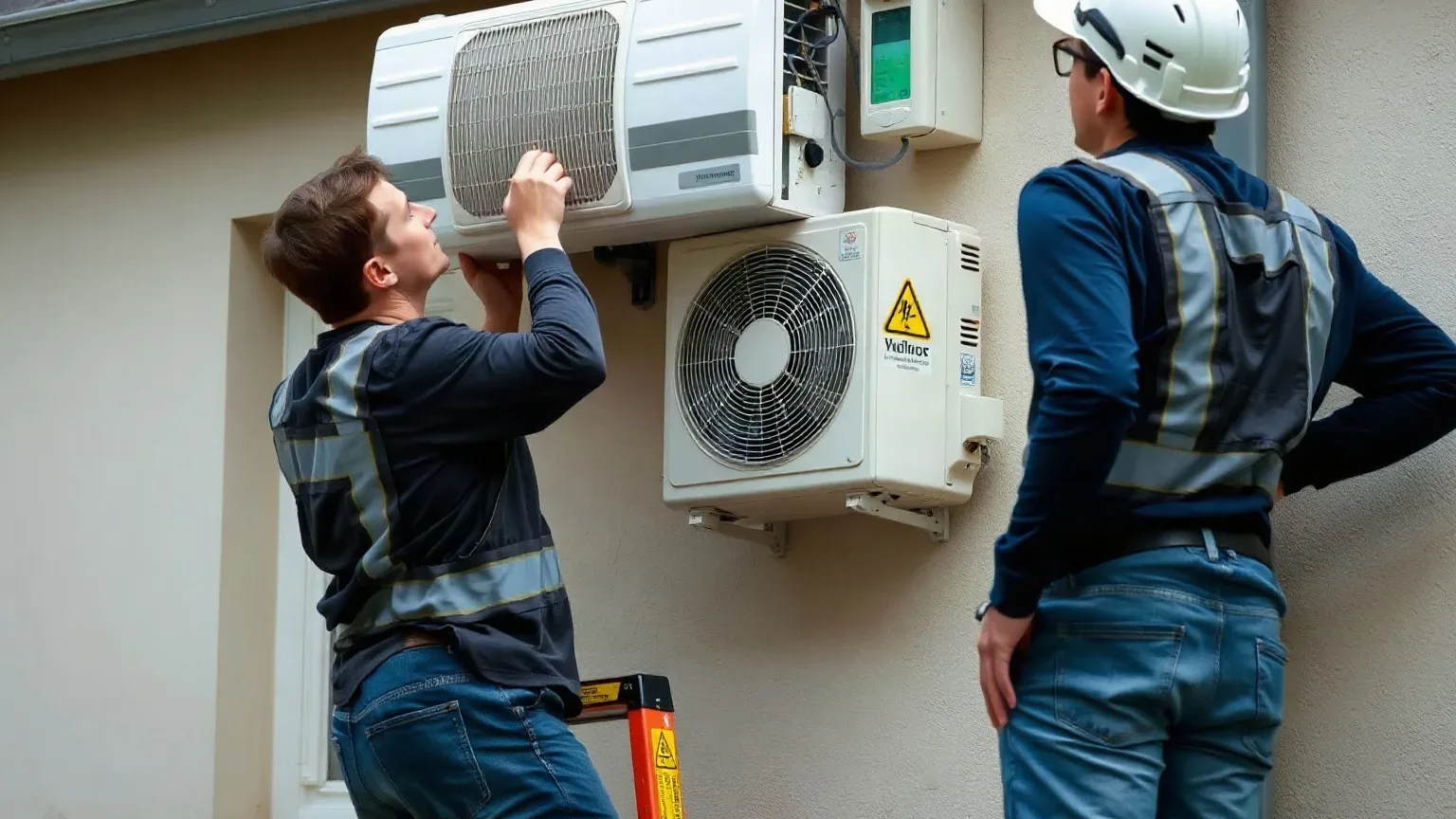 Two engineers in hi-vis vests install wall-mounted air conditioning units on the exterior of a home.