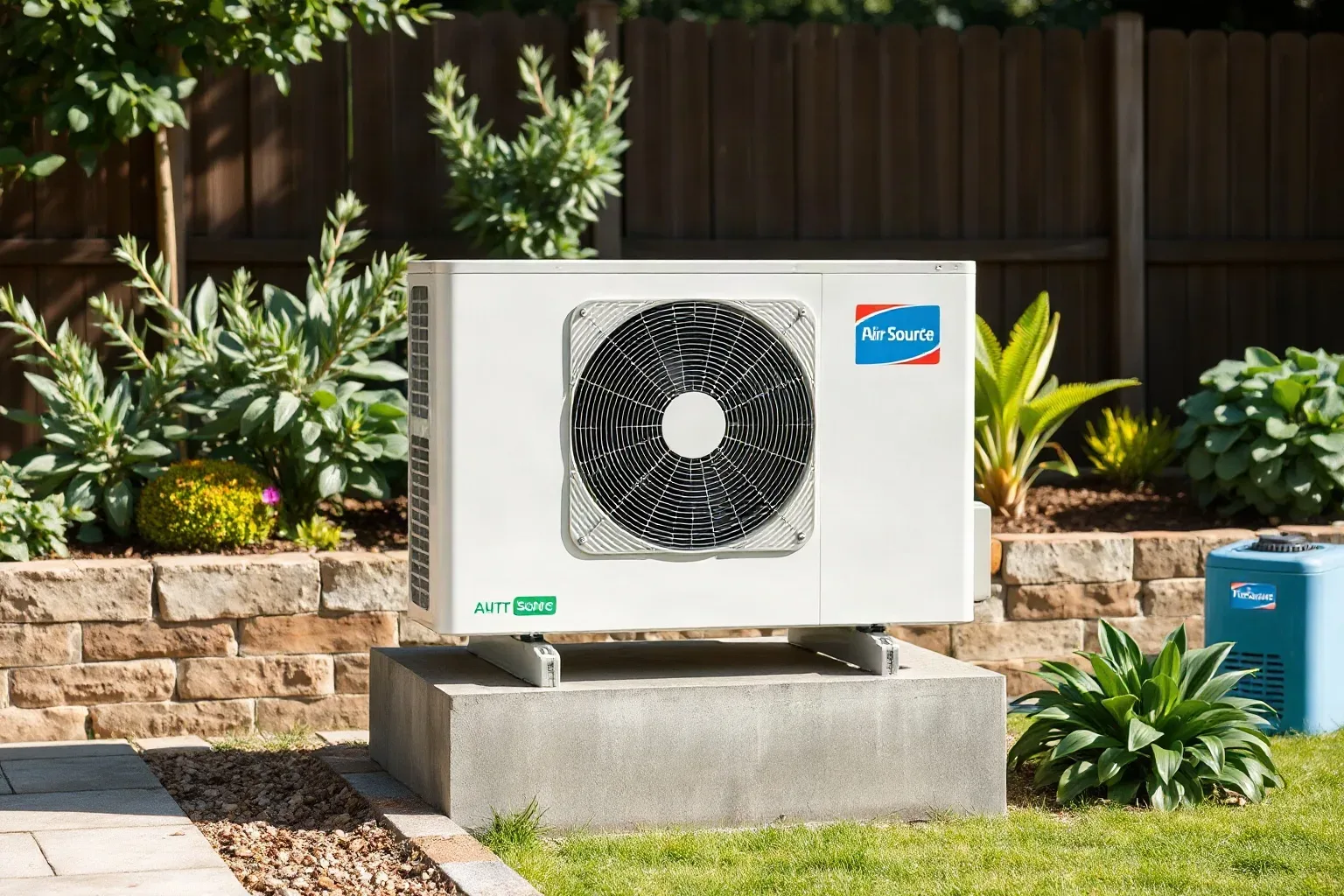 An air-source heat pump unit mounted on a concrete plinth in a sunny garden with shrubs and a timber fence.