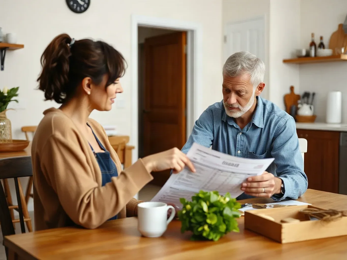 A tradesperson sitting at a kitchen table with a homeowner, pointing to figures on a printed quotation sheet