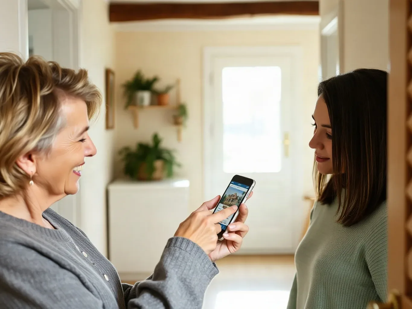 A homeowner in a hallway looking at a smartphone displaying a heating company website