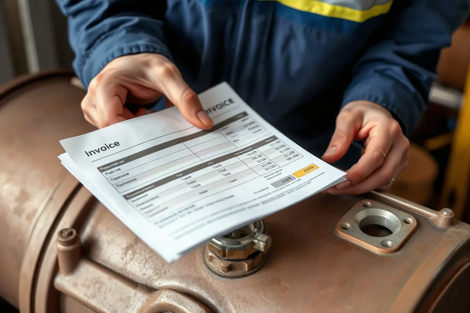 An engineer itemising parts and labour costs on a printed invoice resting on an oil boiler casing