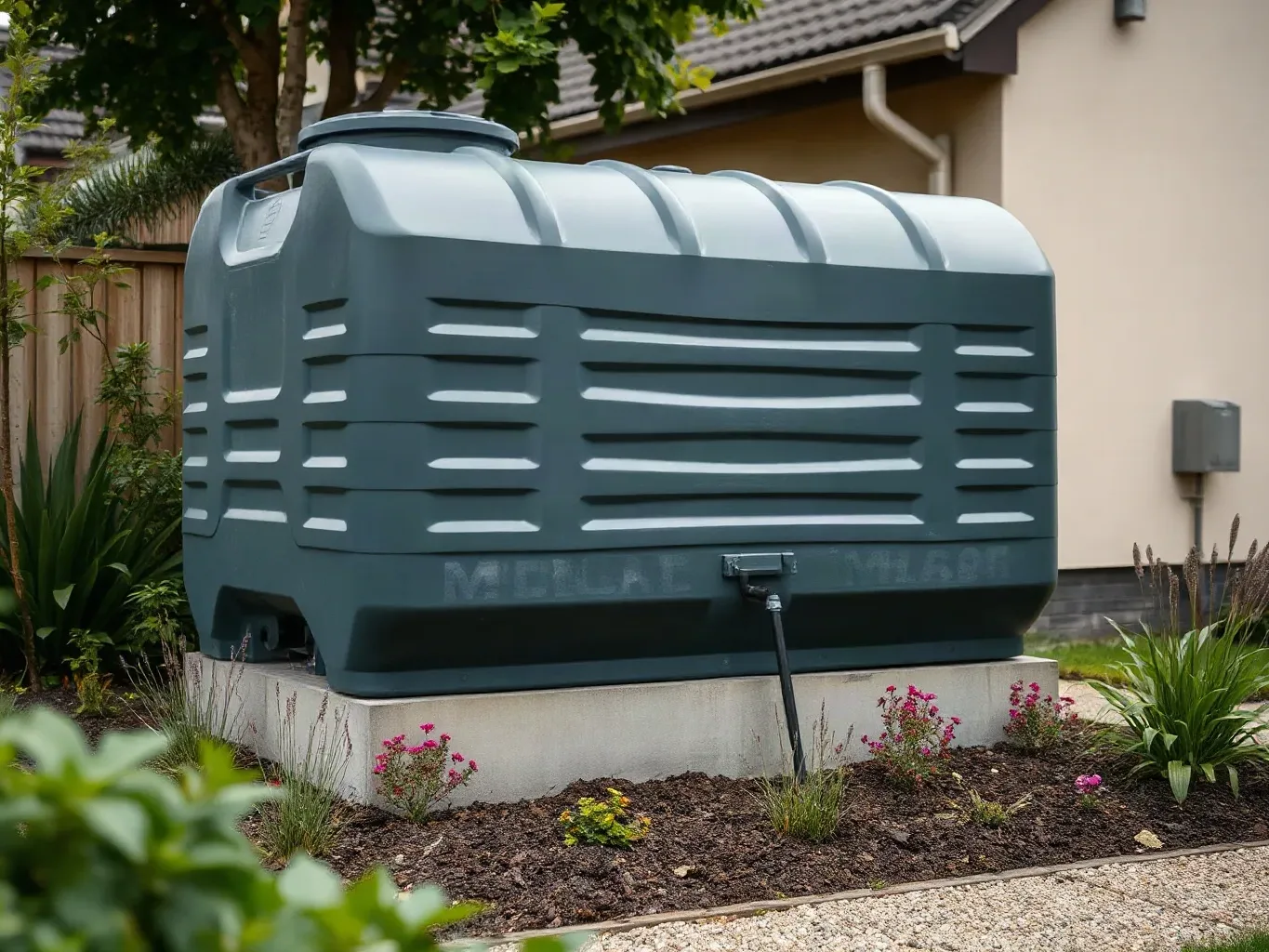 A large plastic bunded oil storage tank on a concrete base in a garden beside a property wall