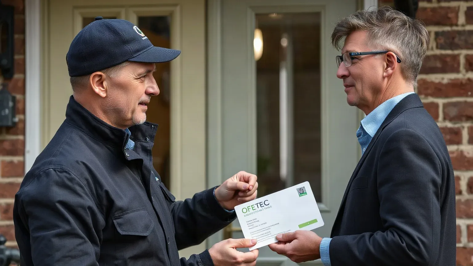 An OFTEC-registered engineer showing an official registration card to a homeowner at a doorstep