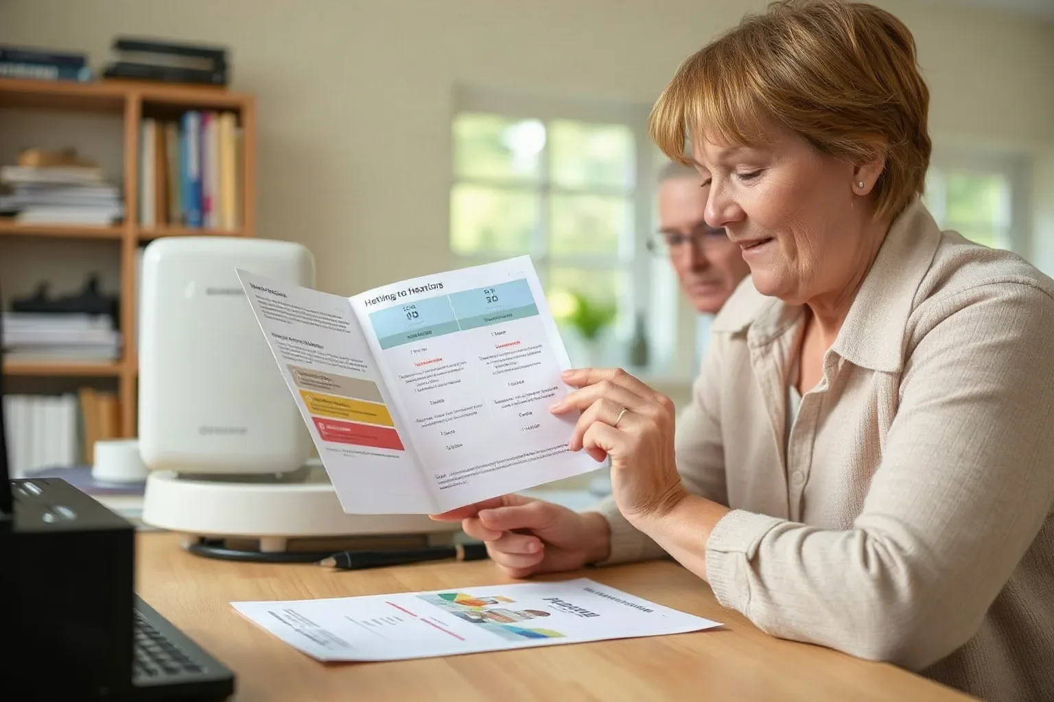 A homeowner studying a comparison leaflet showing oil, gas and heat pump heating options at a desk