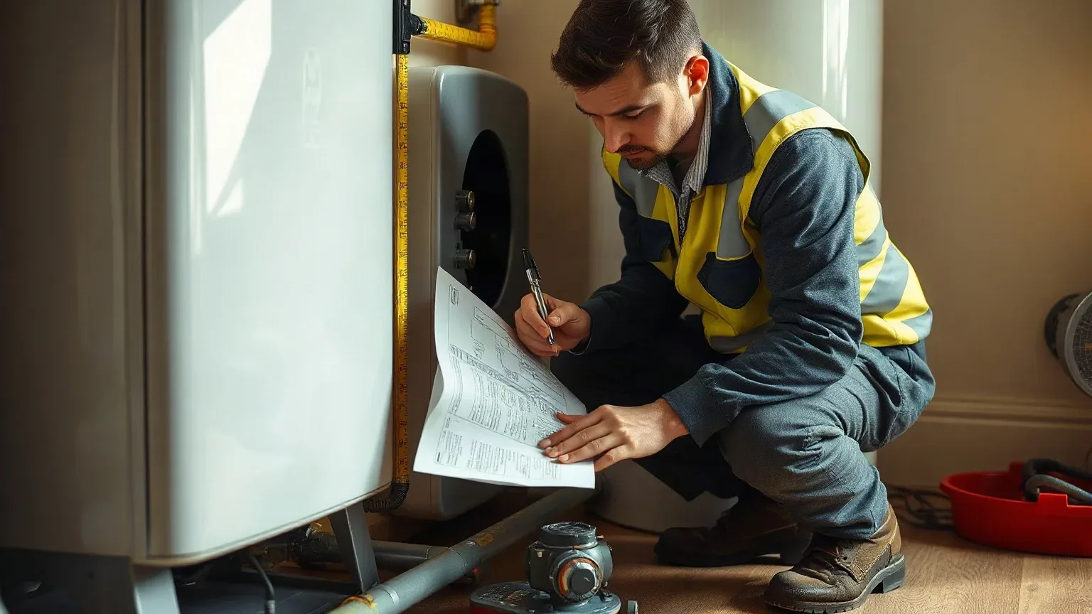 A technician in a hi-vis vest crouches beside a heat pump indoors, reviewing a document with a pen.