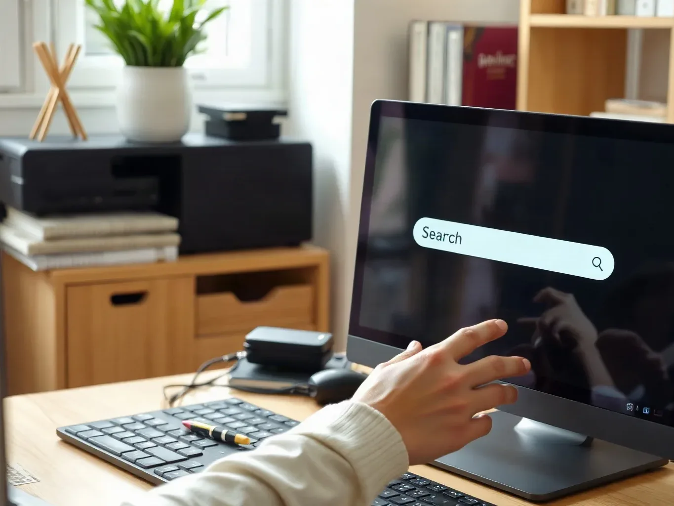 A person typing a question into a search bar on a desktop computer in a home office
